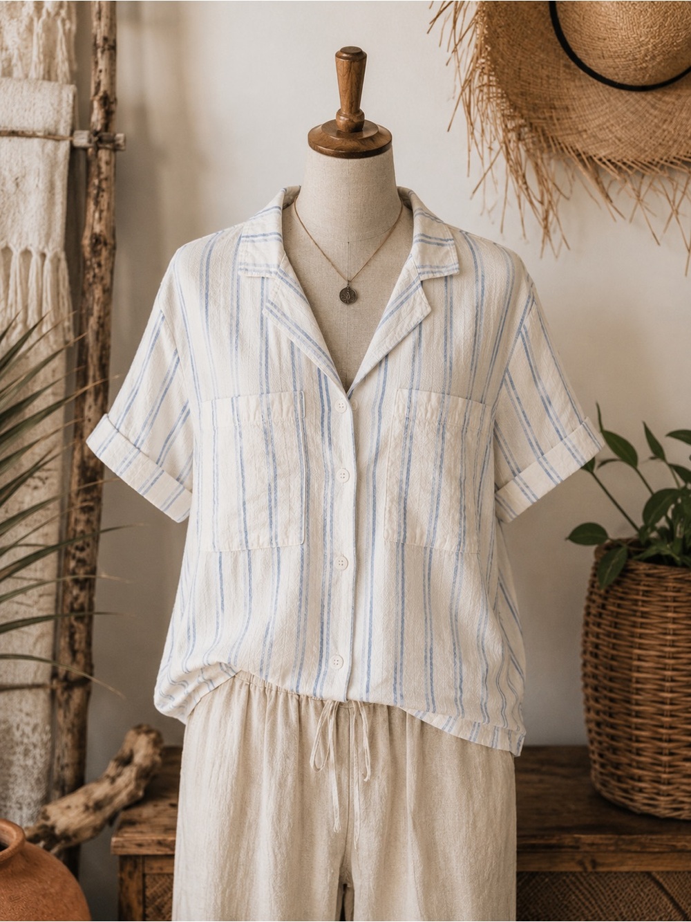 Buffalo David Bitton Linen Blend Striped Camp Shirt | Size M